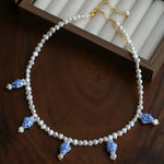 Elegant Hand-Painted Blue and White Ceramic Fish Freshwater Pearl Necklace - floysun