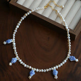 Elegant Hand-Painted Blue and White Ceramic Fish Freshwater Pearl Necklace - floysun