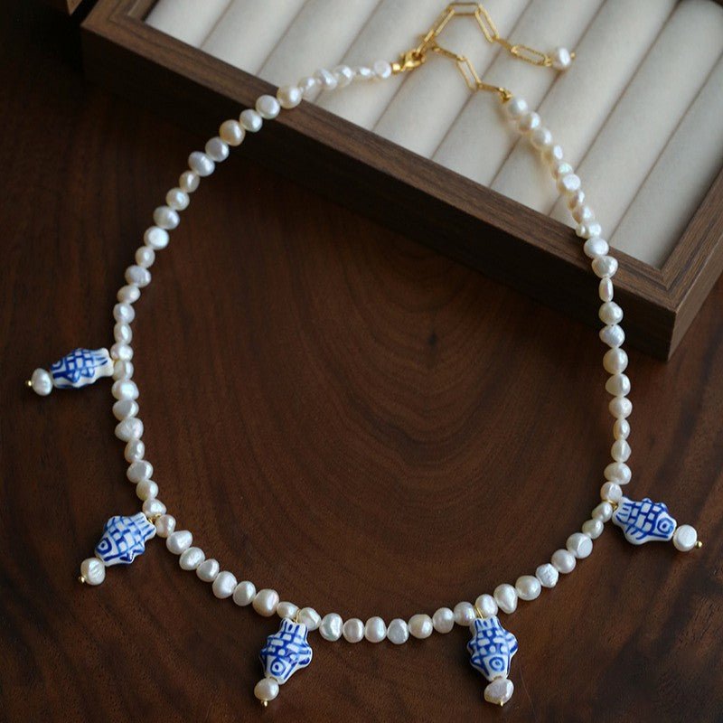 Elegant Hand-Painted Blue and White Ceramic Fish Freshwater Pearl Necklace - floysun