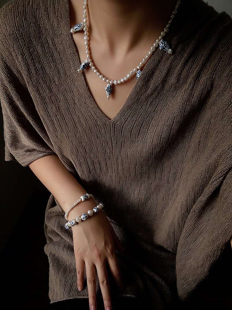 Elegant Hand-Painted Blue and White Ceramic Fish Freshwater Pearl Necklace - floysun