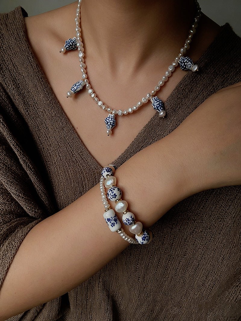 Elegant Hand-Painted Blue and White Ceramic Fish Freshwater Pearl Necklace - floysun