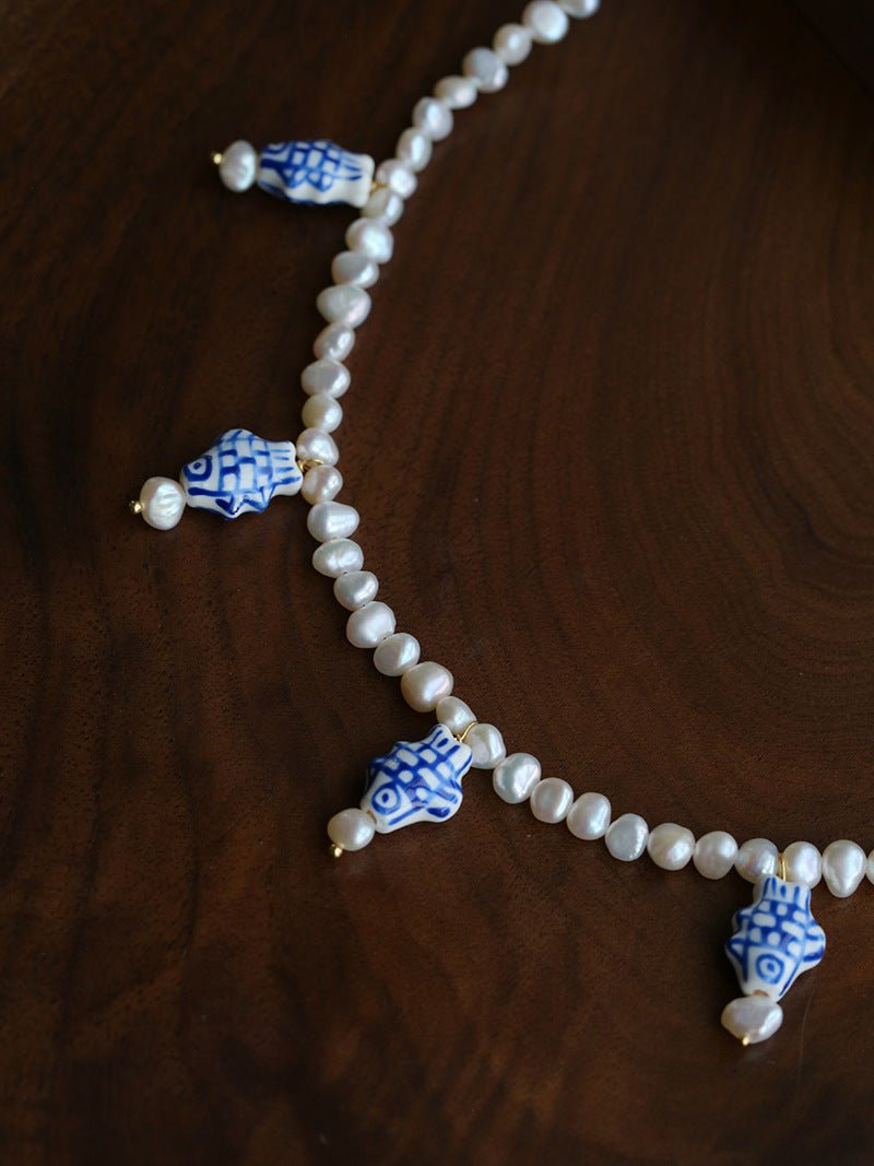 Elegant Hand-Painted Blue and White Ceramic Fish Freshwater Pearl Necklace - floysun
