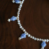 Elegant Hand-Painted Blue and White Ceramic Fish Freshwater Pearl Necklace - floysun