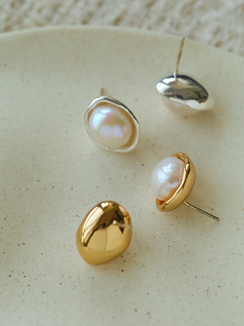 Elegant Minimalist Oval Freshwater Pearl Stud Earrings - floysun