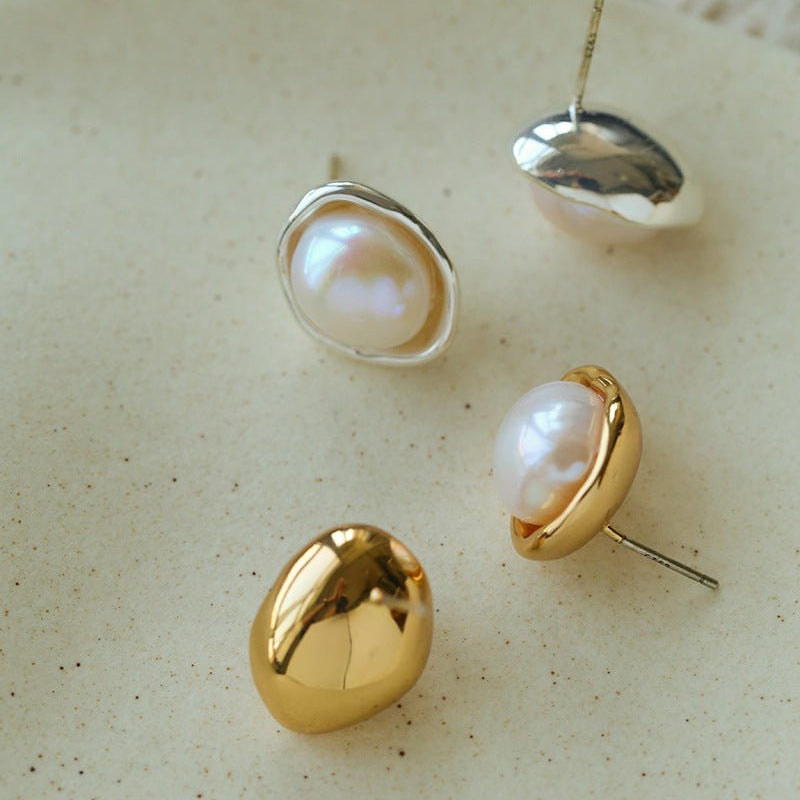 Elegant Minimalist Oval Freshwater Pearl Stud Earrings - floysun