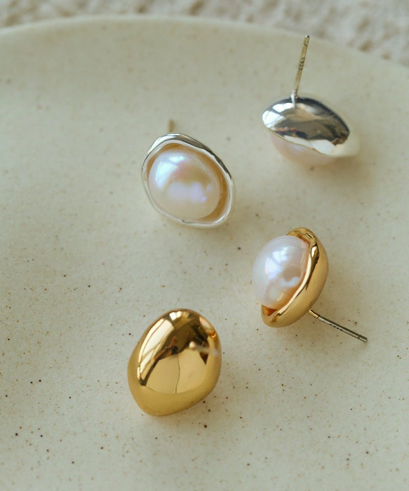 Elegant Minimalist Oval Freshwater Pearl Stud Earrings - floysun
