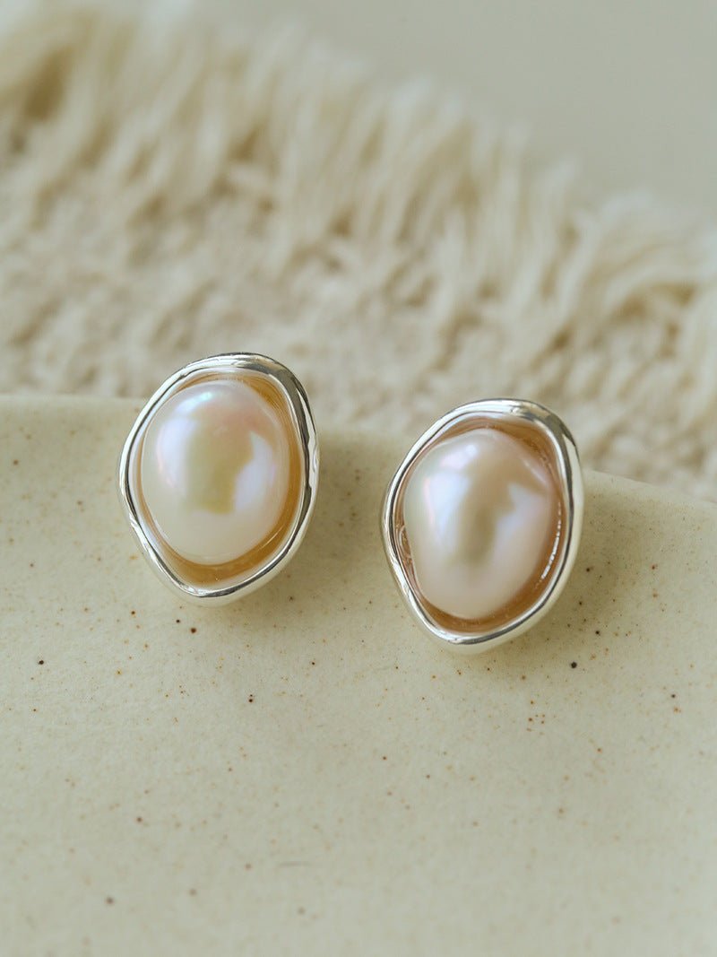 Elegant Minimalist Oval Freshwater Pearl Stud Earrings - floysun