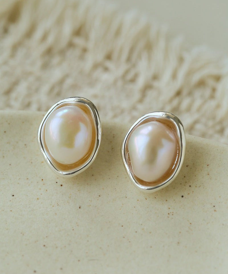 Elegant Minimalist Oval Freshwater Pearl Stud Earrings - floysun