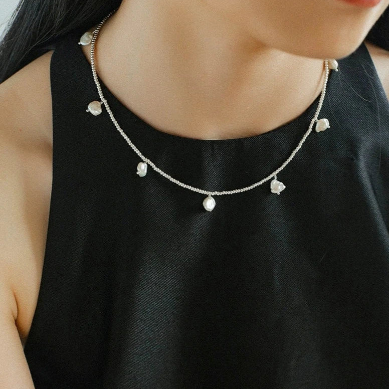 Elegant Natural Silver Beads and Pearl Pendant Necklace - floysun