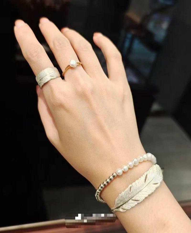 Embossed Feather Wide Band Ring - floysun