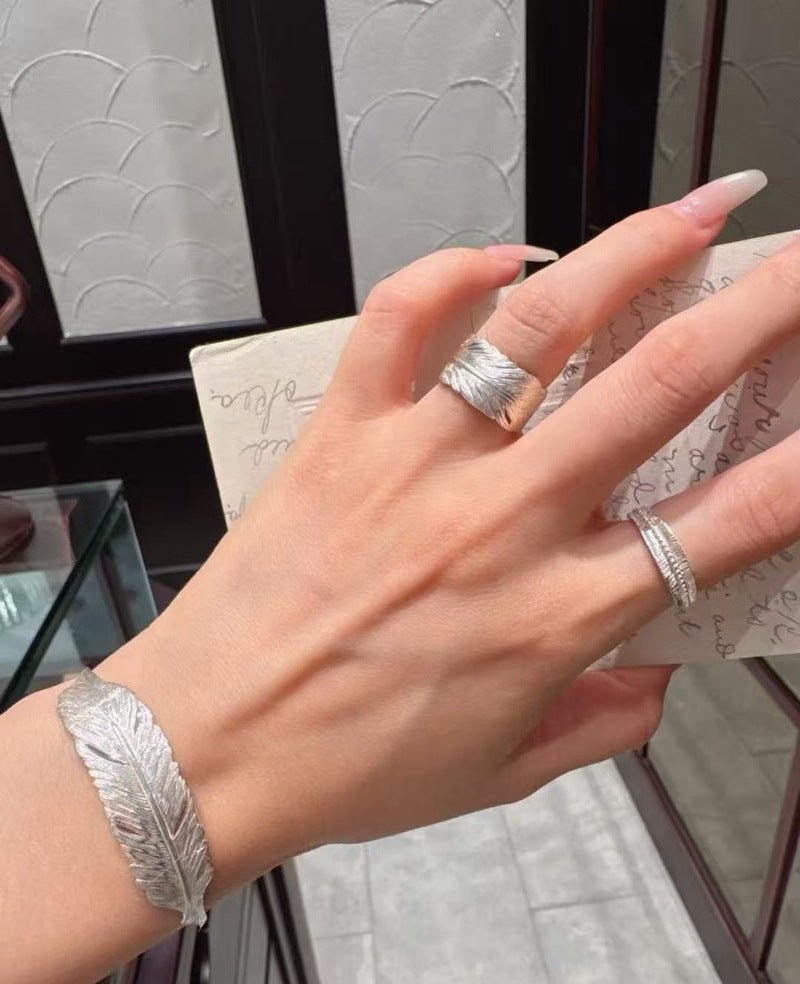 Embossed Feather Wide Open Bracelet - floysun