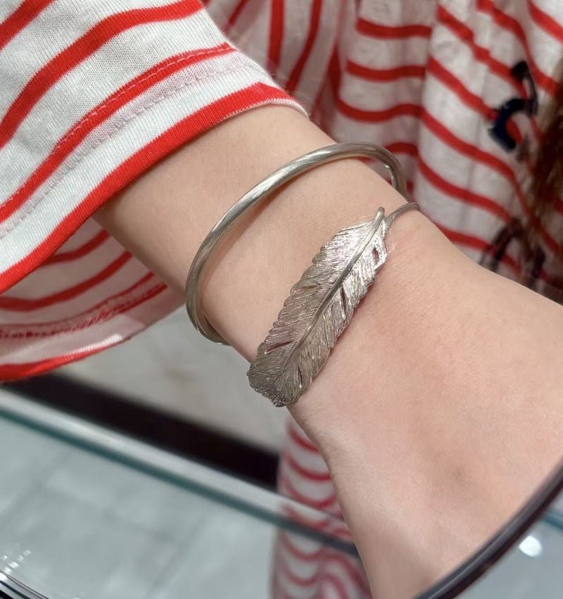 Embossed Feather Wide Open Bracelet - floysun