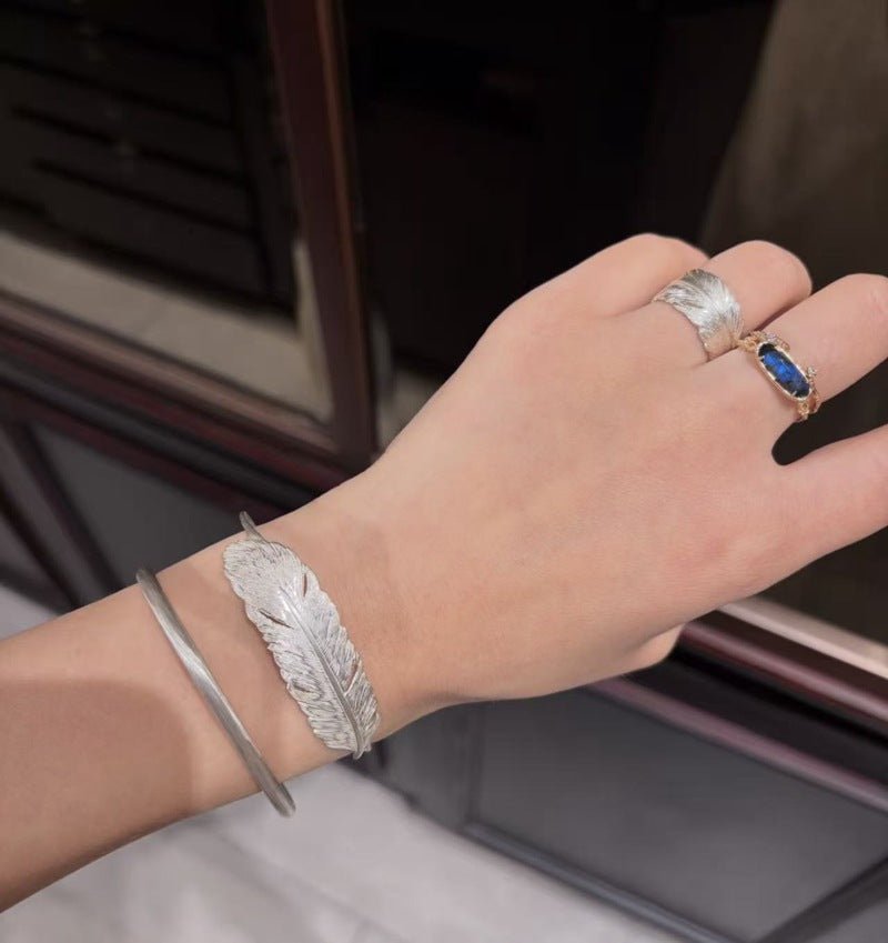 Embossed Feather Wide Open Bracelet - floysun
