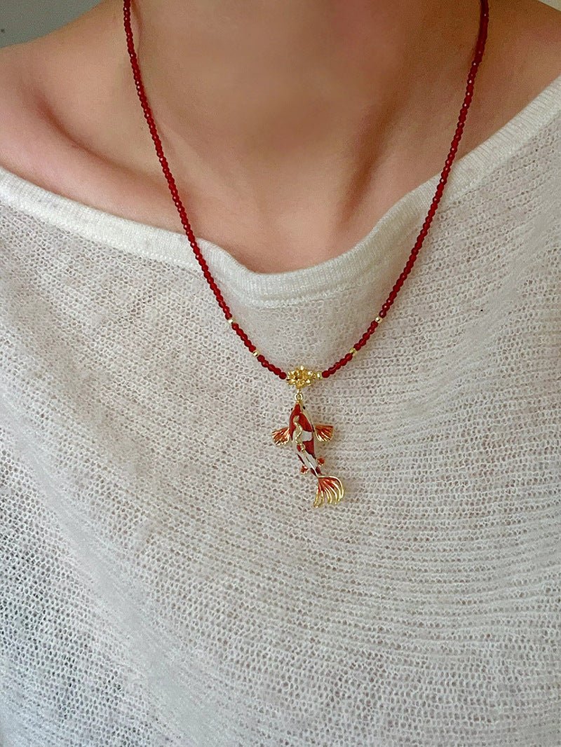 Enamel Koi Pendant Necklace with Red Spinel Bead - floysun