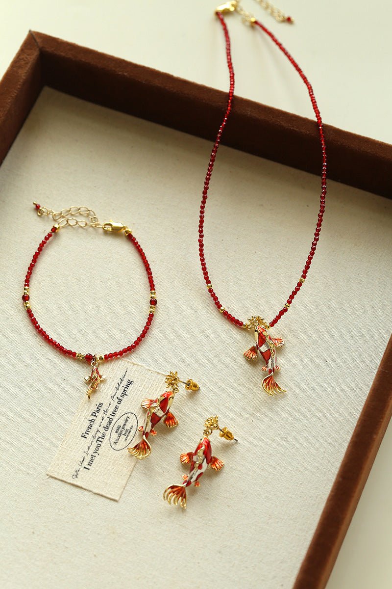 Enamel Koi Pendant Necklace with Red Spinel Bead - floysun