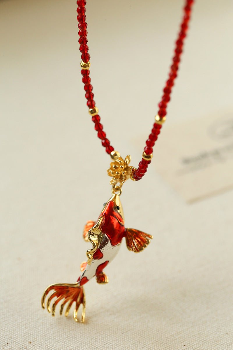 Enamel Koi Pendant Necklace with Red Spinel Bead - floysun