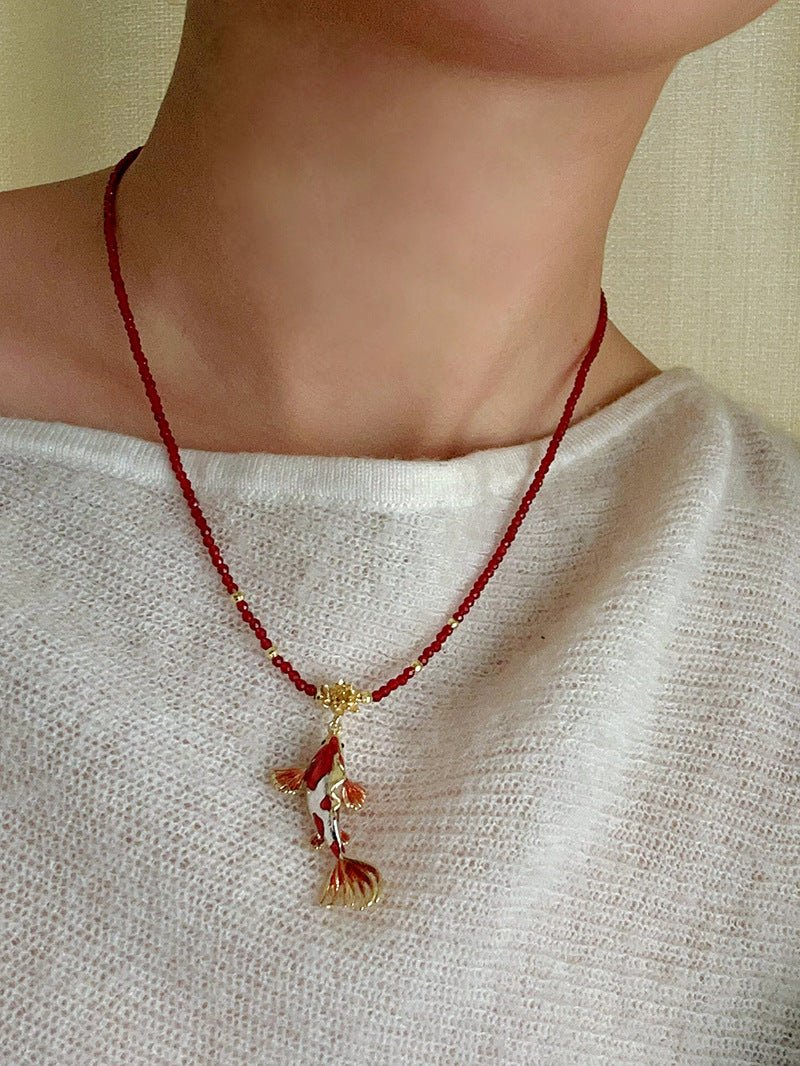 Enamel Koi Pendant Necklace with Red Spinel Bead - floysun