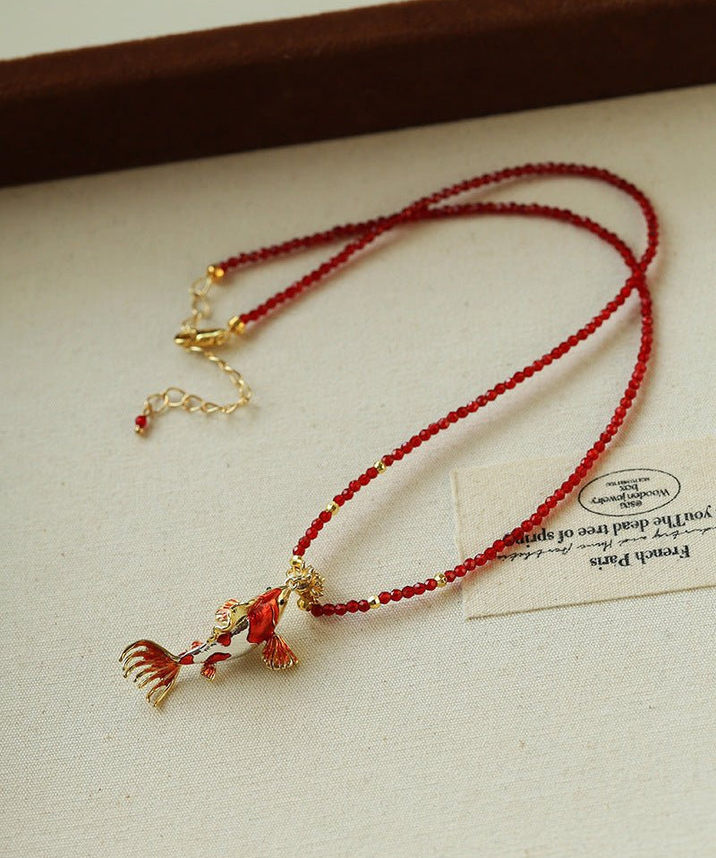 Enamel Koi Pendant Necklace with Red Spinel Bead - floysun