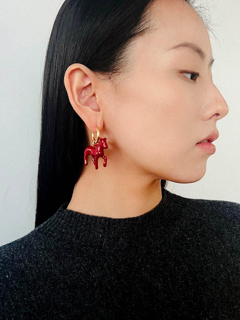Enamel Red Horse Hoop Earrings – Symbol of Success - floysun