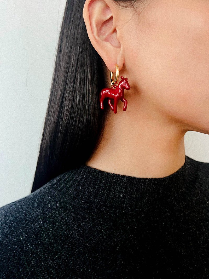 Enamel Red Horse Hoop Earrings – Symbol of Success - floysun