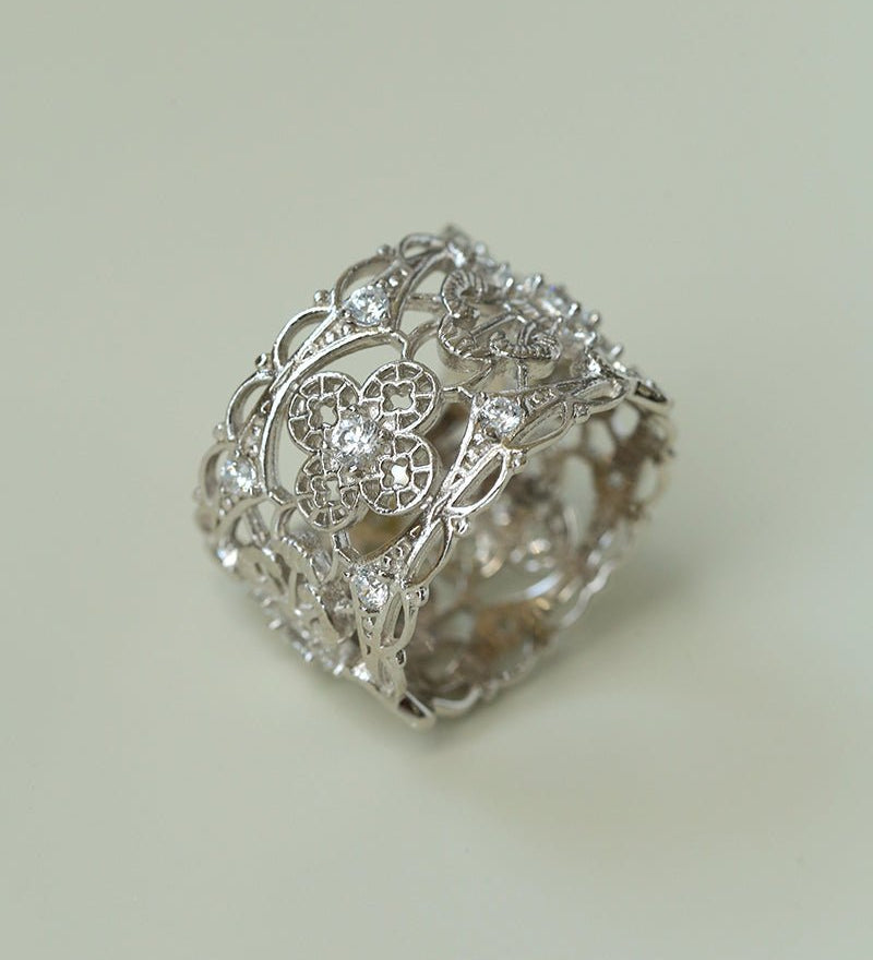 Engraved Lace Pattern Wide Ring – Brushed 925 Sterling Silver - floysun