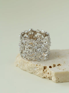 Engraved Lace Pattern Wide Ring – Brushed 925 Sterling Silver - floysun
