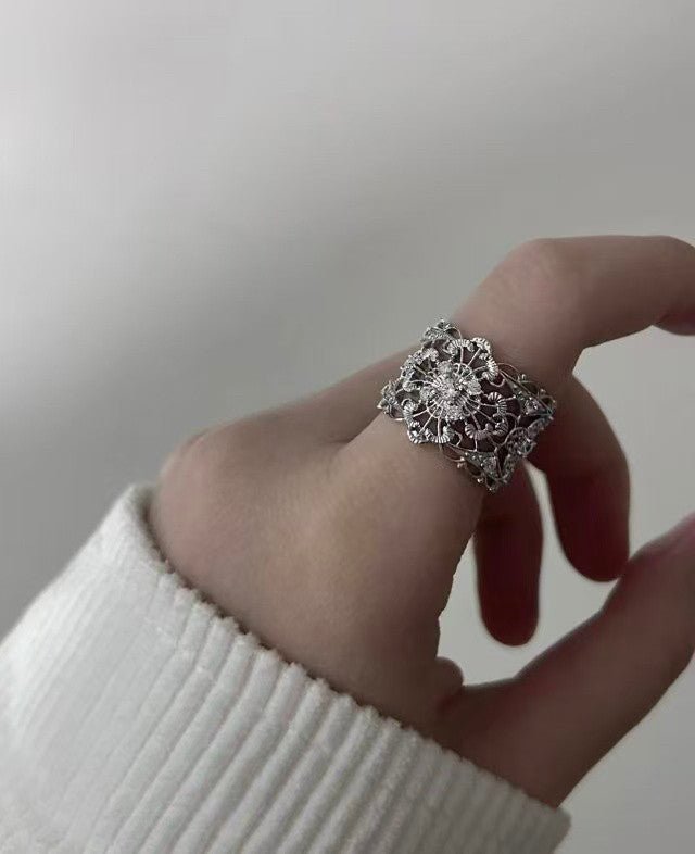 Engraved Lace Pattern Wide Ring – Brushed 925 Sterling Silver - floysun