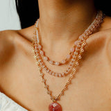 Eternal Bloom Long Necklace | Carved Strawberry Quartz Donut on Filigree Chain - floysun