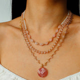 Eternal Bloom Long Necklace | Carved Strawberry Quartz Donut on Filigree Chain - floysun
