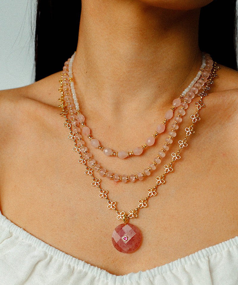 Eternal Bloom Long Necklace | Carved Strawberry Quartz Donut on Filigree Chain - floysun