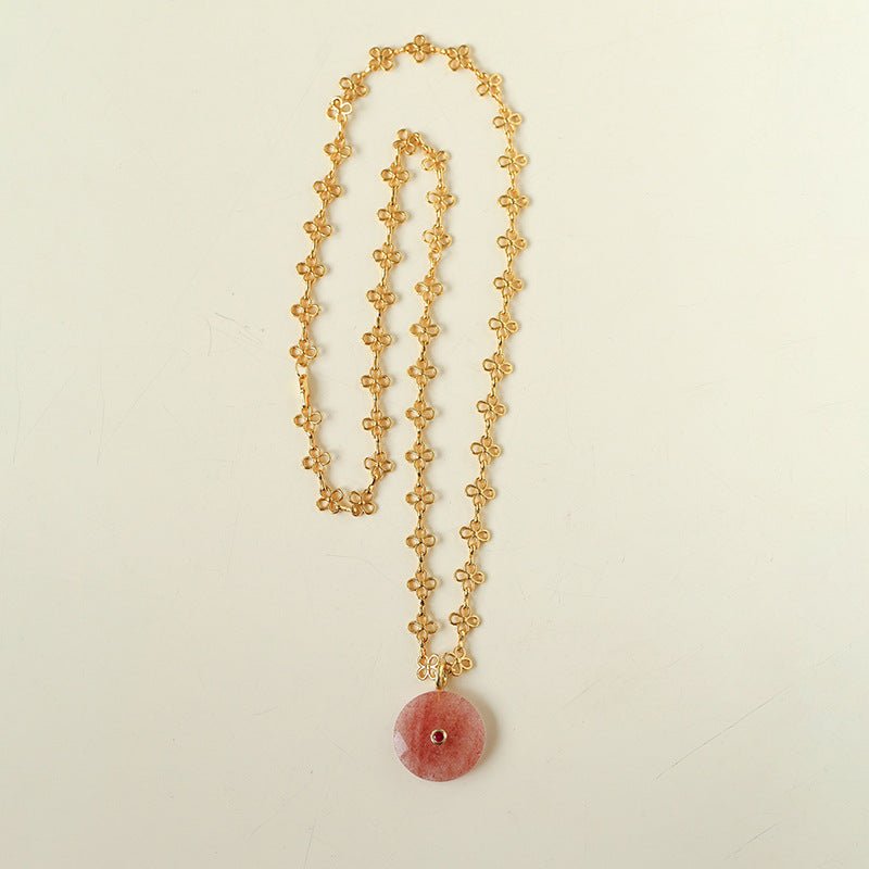 Eternal Bloom Long Necklace | Carved Strawberry Quartz Donut on Filigree Chain - floysun