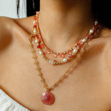 Eternal Bloom Long Necklace | Carved Strawberry Quartz Donut on Filigree Chain - floysun