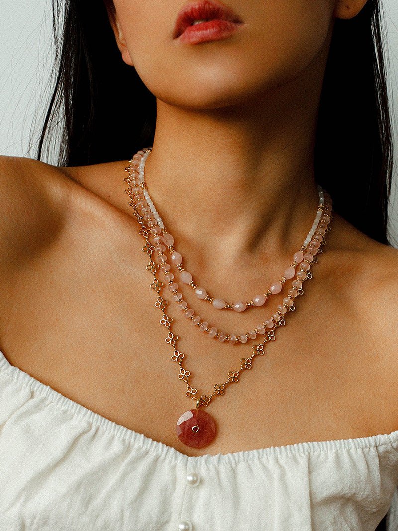 Eternal Bloom Long Necklace | Carved Strawberry Quartz Donut on Filigree Chain - floysun