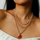 Eternal Bloom Long Necklace | Carved Strawberry Quartz Donut on Filigree Chain - floysun