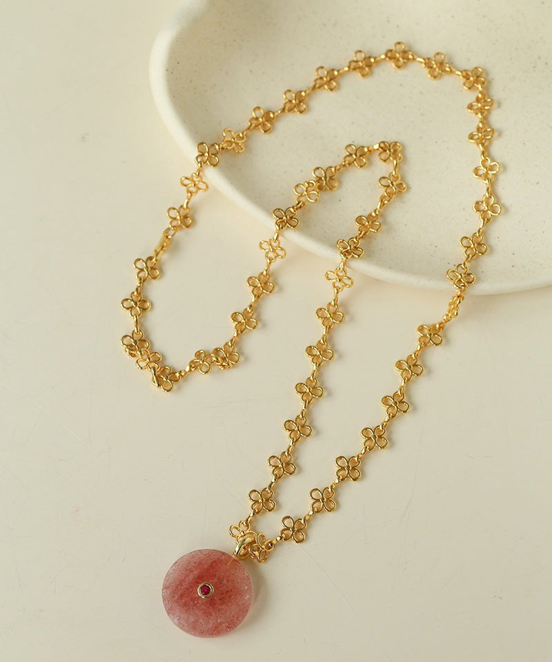 Eternal Bloom Long Necklace | Carved Strawberry Quartz Donut on Filigree Chain - floysun
