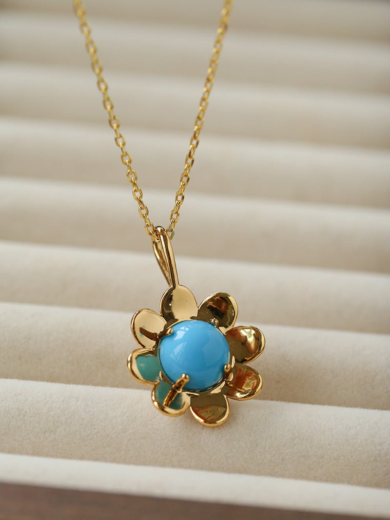 Eternal Blue Turquoise & Lucent Glass Floral Pendant Necklace - floysun