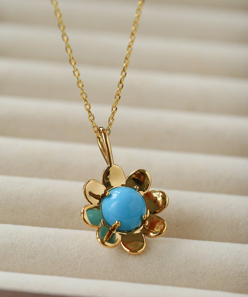 Eternal Blue Turquoise & Lucent Glass Floral Pendant Necklace - floysun