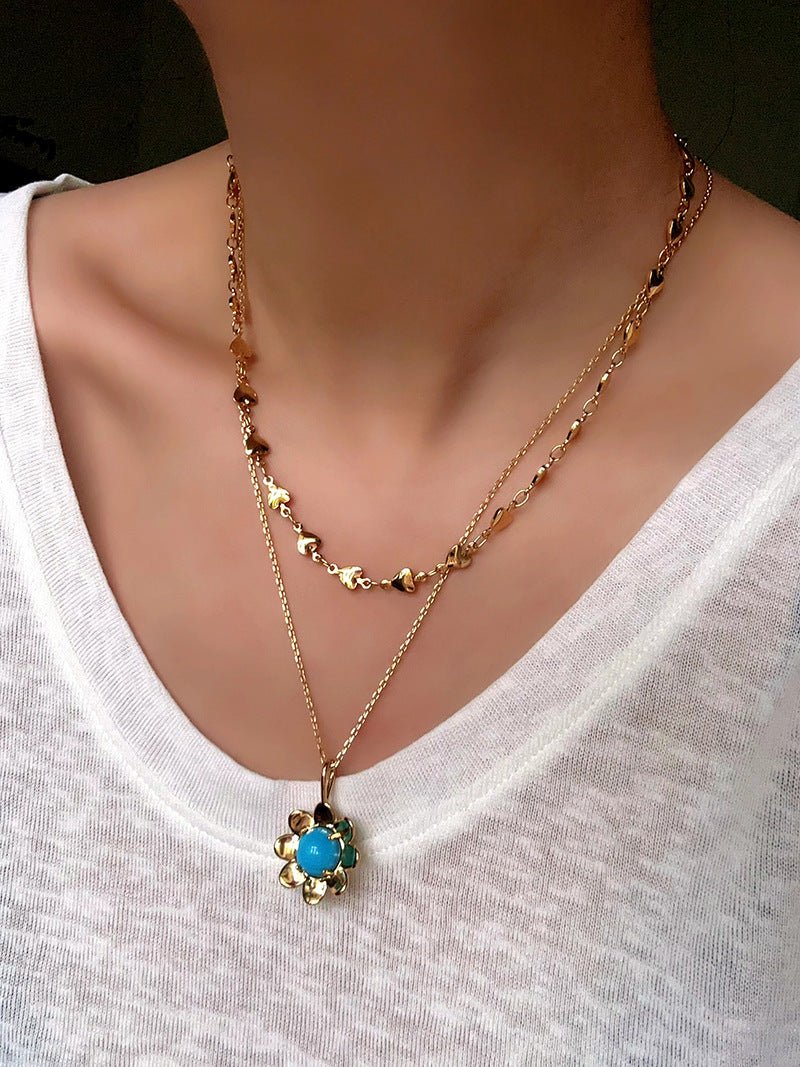 Eternal Blue Turquoise & Lucent Glass Floral Pendant Necklace - floysun