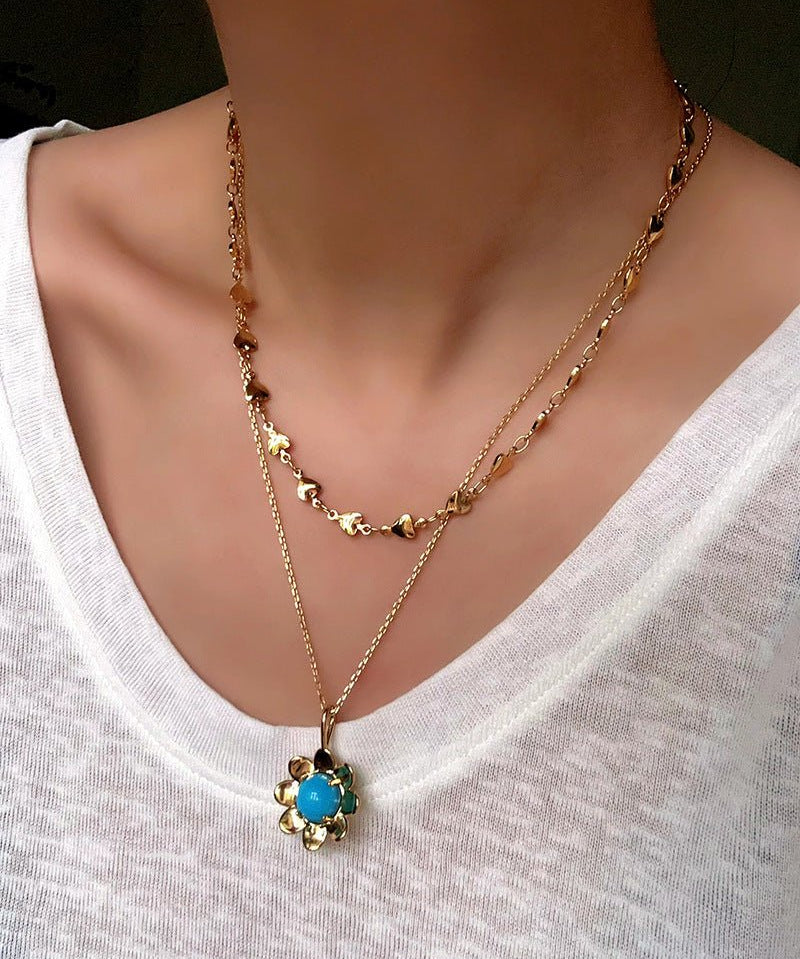Eternal Blue Turquoise & Lucent Glass Floral Pendant Necklace - floysun