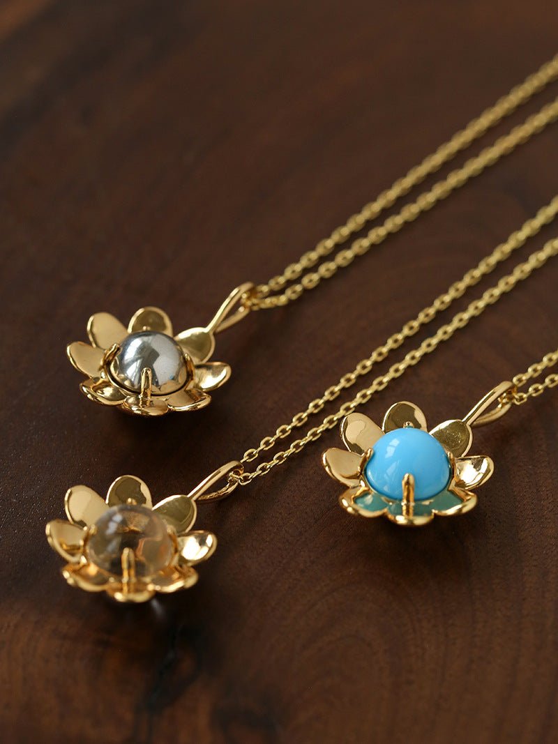 Eternal Blue Turquoise & Lucent Glass Floral Pendant Necklace - floysun