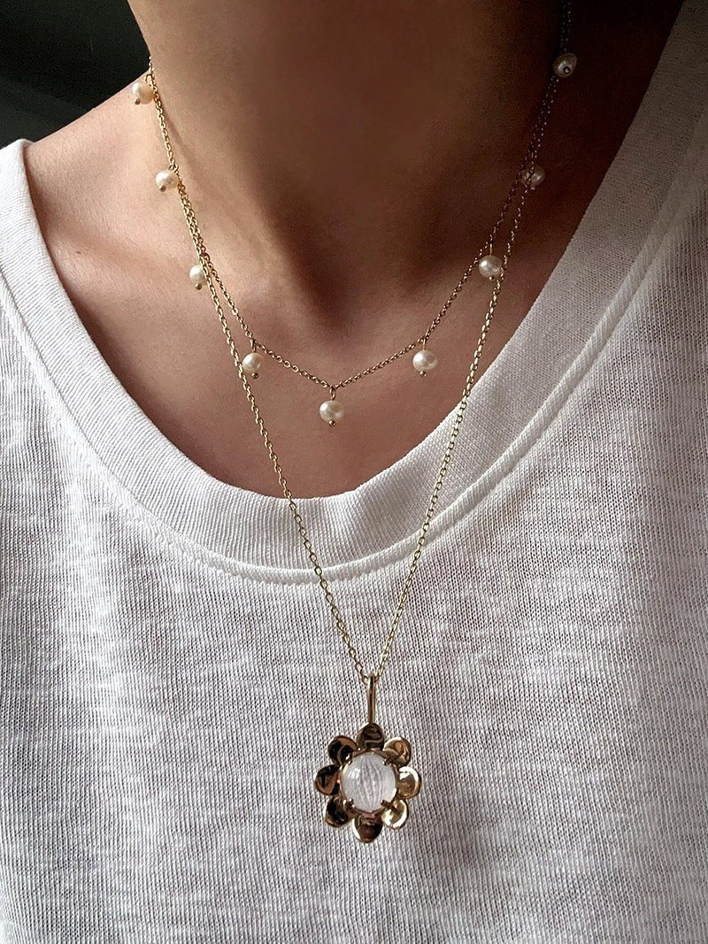 Eternal Blue Turquoise & Lucent Glass Floral Pendant Necklace - floysun