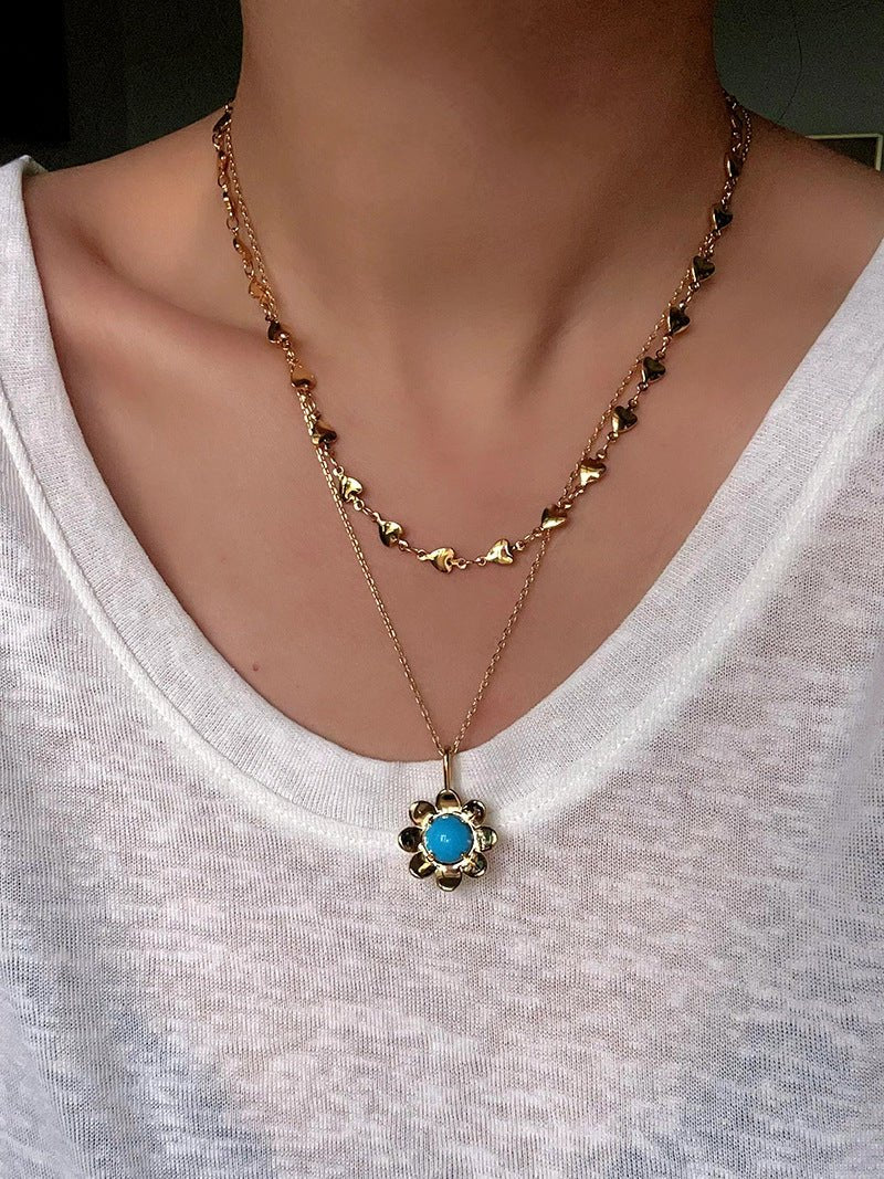 Eternal Blue Turquoise & Lucent Glass Floral Pendant Necklace - floysun