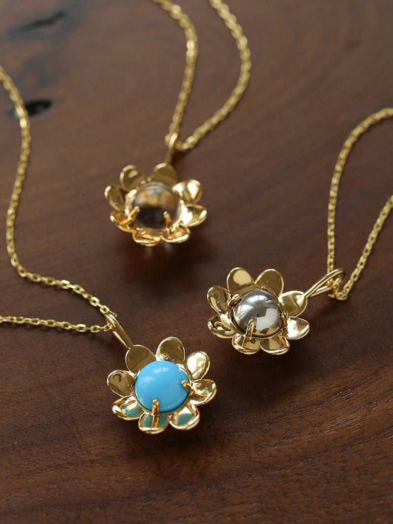 Eternal Blue Turquoise & Lucent Glass Floral Pendant Necklace - floysun
