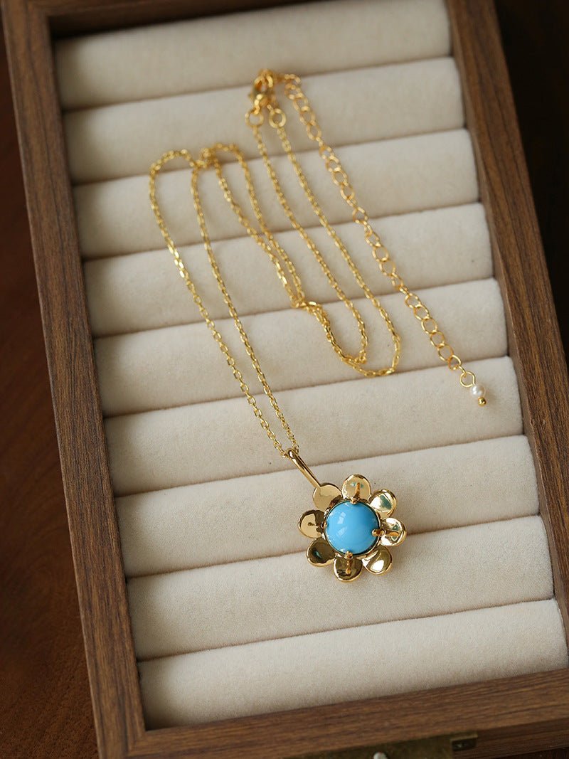 Eternal Blue Turquoise & Lucent Glass Floral Pendant Necklace - floysun