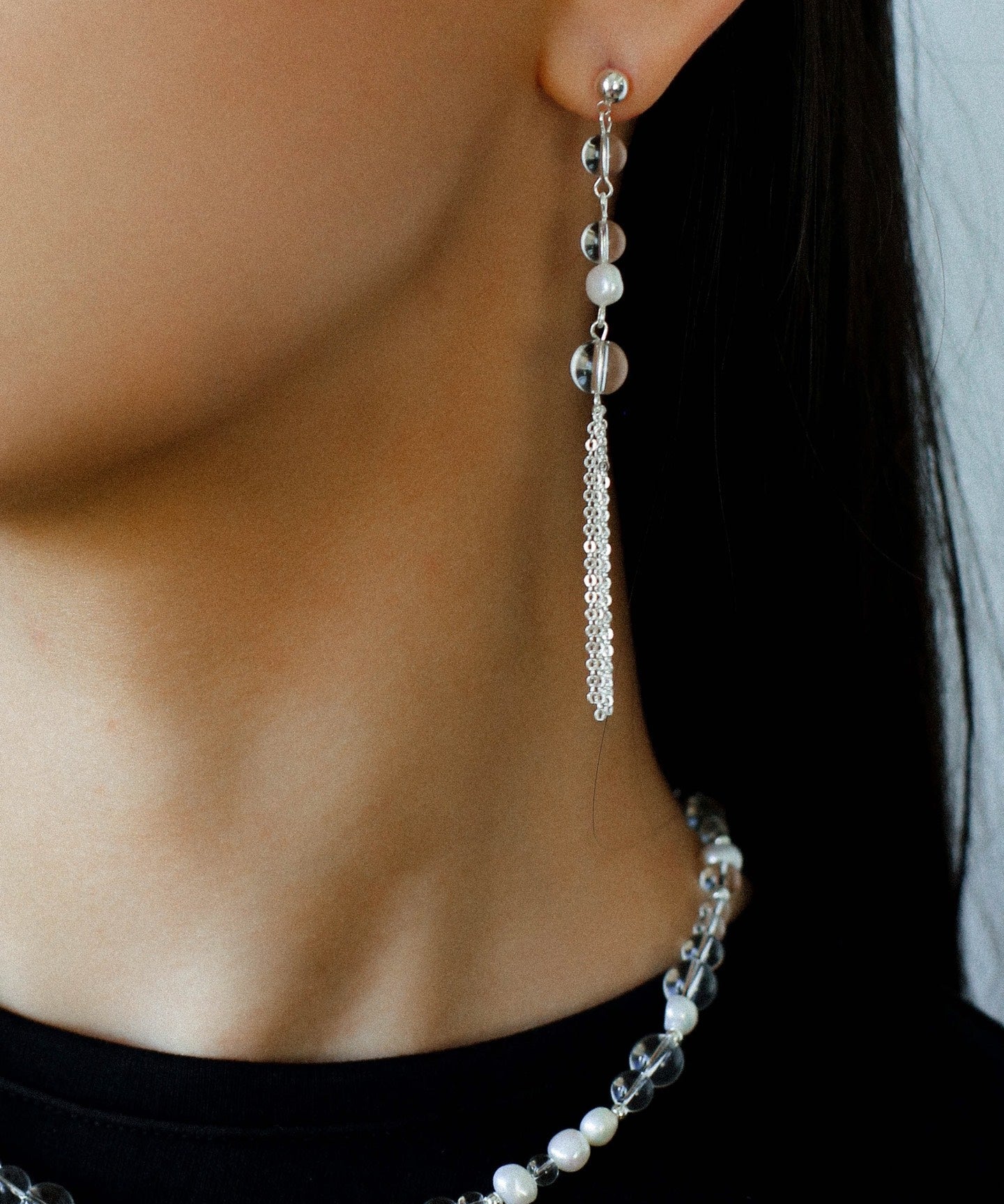 Ethereal Clear Quartz & Natural Pearl Tassel Earrings - Minimalist Long Dangle Drop Ear Pieces - floysun