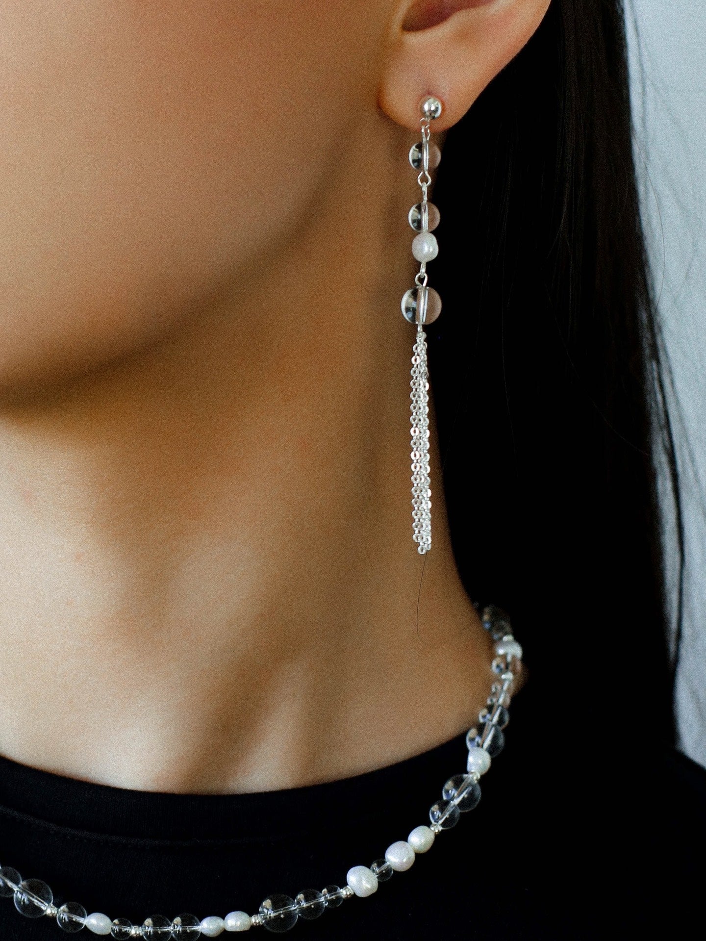 Ethereal Clear Quartz & Natural Pearl Tassel Earrings - Minimalist Long Dangle Drop Ear Pieces - floysun