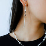 Ethereal Clear Quartz & Natural Pearl Tassel Earrings - Minimalist Long Dangle Drop Ear Pieces - floysun