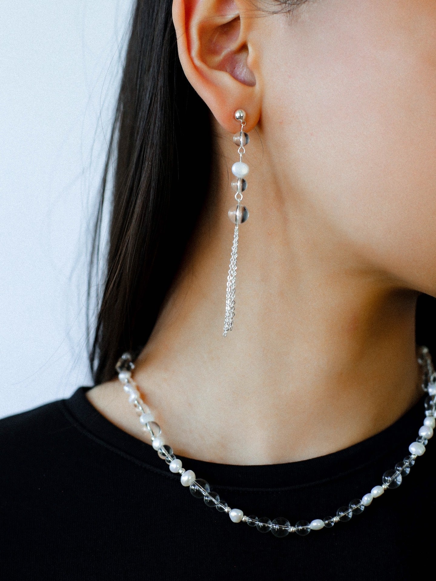 Ethereal Clear Quartz & Natural Pearl Tassel Earrings - Minimalist Long Dangle Drop Ear Pieces - floysun