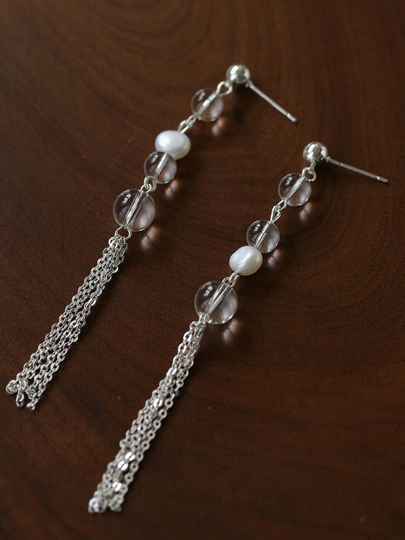 Ethereal Clear Quartz & Natural Pearl Tassel Earrings - Minimalist Long Dangle Drop Ear Pieces - floysun