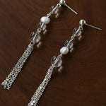 Ethereal Clear Quartz & Natural Pearl Tassel Earrings - Minimalist Long Dangle Drop Ear Pieces - floysun